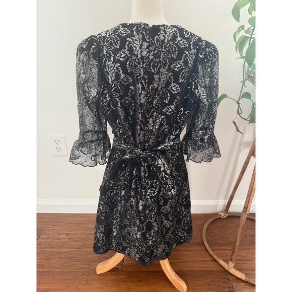 The Vampires Wife x H&M Black Silver Lace Mini Dress Ruffle Sleeve Size Medium - Picture 5 of 8